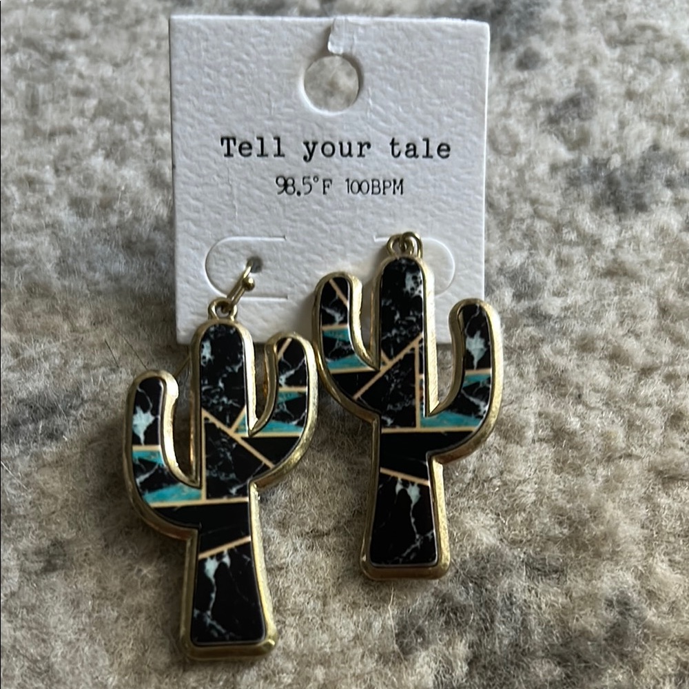 Cactus Earrings with Black and Teal Accents